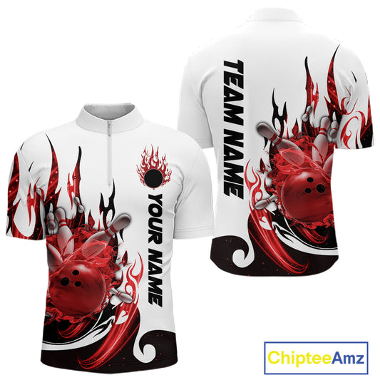 Custom Red Flame Bowling Team Jerseys, Bowling League Quarter-Zip Shirt For Men IPHW10727