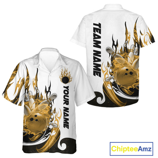 Custom Yellow Flame Bowling Team Jerseys, Bowling League Hawaiian Shirt For Men And Women IPHW10728