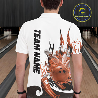 Custom Orange Flame Bowling Team Jerseys, Bowling League Polo Shirt For Men IPHW10729