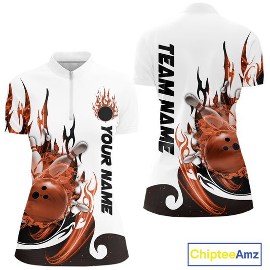 Custom Orange Flame Bowling Team Jerseys, Bowling League Quarter-Zip Shirt For Women IPHW10729