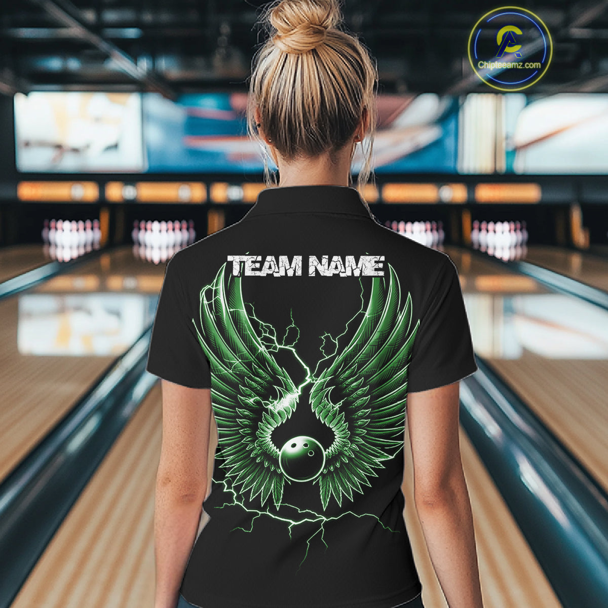 Custom Green Lightning Bowling Ball With Wings Bowling Women Team Shirt, Bowling Jerseys IPHW10730