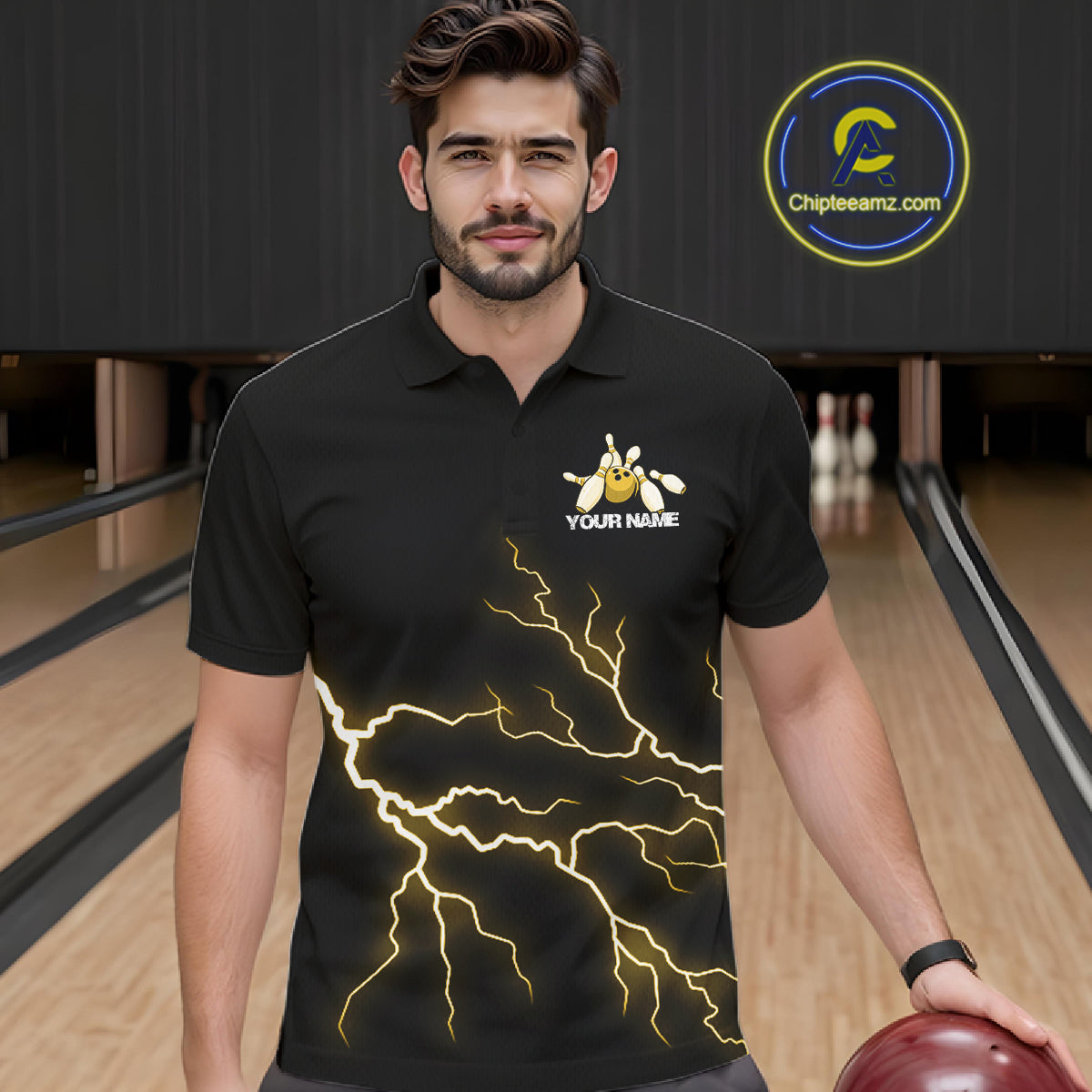 Custom Yellow Lightning Bowling Ball With Wings Bowling Men Team Shirt, Bowling Jerseys IPHW10732