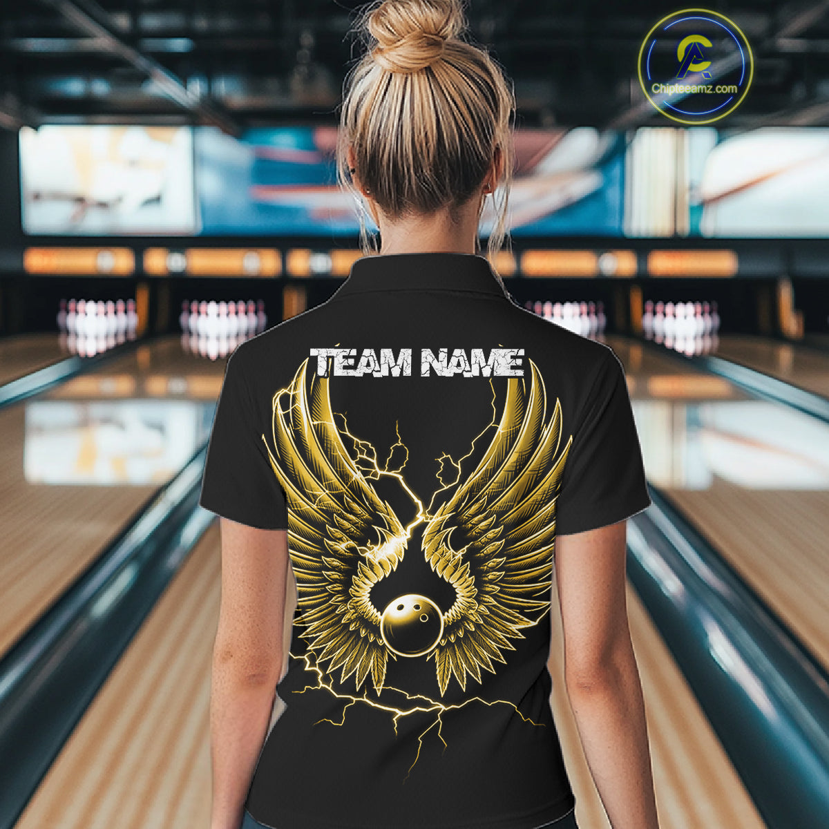 Custom Yellow Lightning Bowling Ball With Wings Bowling Women Team Shirt, Bowling Jerseys IPHW10732