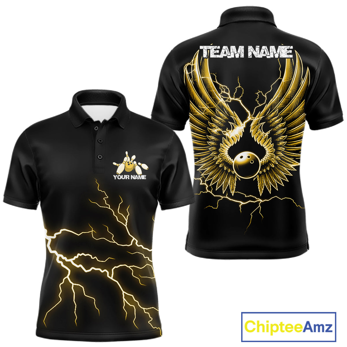 Custom Yellow Lightning Bowling Ball With Wings Bowling Men Team Shirt, Bowling Jerseys IPHW10732