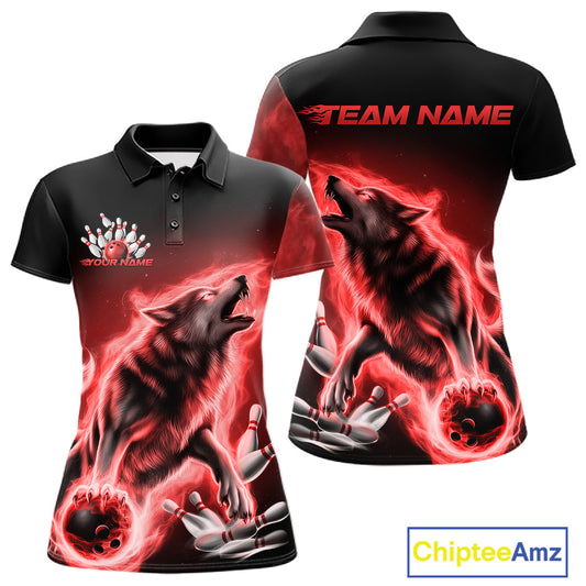 Red Flame Wolf Custom Bowling Team Shirt For Women, Fire Wolf Bowling Jerseys IPHW10735
