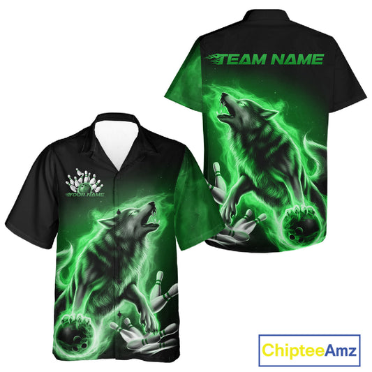 Green Flame Wolf Custom Bowling Team Shirt For Men And Women, Fire Wolf Bowling Jerseys IPHW10736
