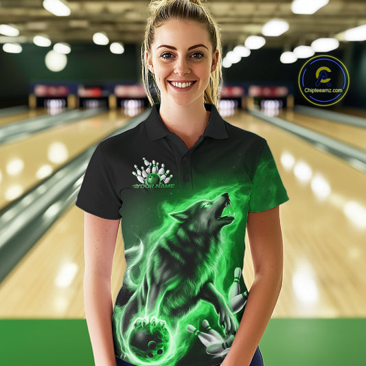 Green Flame Wolf Custom Bowling Team Shirt For Women, Fire Wolf Bowling Jerseys IPHW10736