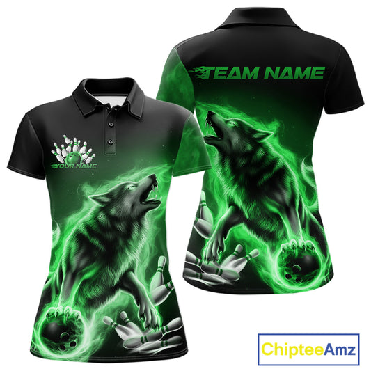 Green Flame Wolf Custom Bowling Team Shirt For Women, Fire Wolf Bowling Jerseys IPHW10736