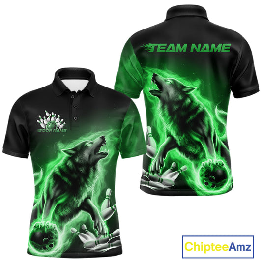 Green Flame Wolf Custom Bowling Team Shirt For Men, Fire Wolf Bowling Jerseys IPHW10736