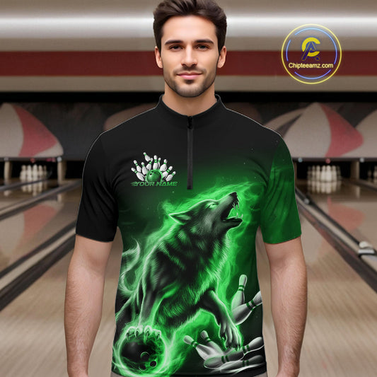 Green Flame Wolf Custom Bowling Team Shirt For Men, Fire Wolf Bowling Jerseys IPHW10736