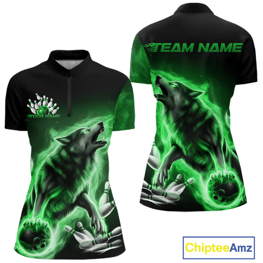 Green Flame Wolf Custom Bowling Team Shirt For Women, Fire Wolf Bowling Jerseys IPHW10736