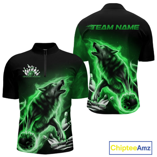 Green Flame Wolf Custom Bowling Team Shirt For Men, Fire Wolf Bowling Jerseys IPHW10736