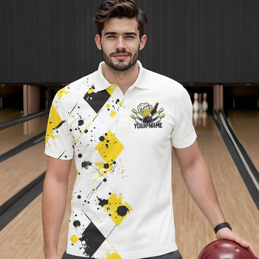 Yellow Argyle Pattern Custom Funny Bowling And Beer Team Polo Shirts For Men IPHW8889