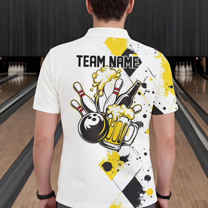 Yellow Argyle Pattern Custom Funny Bowling And Beer Team Polo Shirts For Men IPHW8889