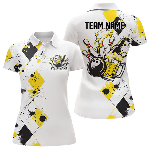 Yellow Argyle Pattern Custom Funny Bowling And Beer Team Polo Shirts For Women IPHW8889