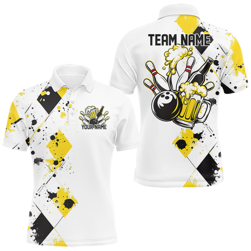 Yellow Argyle Pattern Custom Funny Bowling And Beer Team Polo Shirts For Men IPHW8889