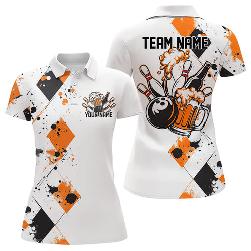 Orange Argyle Pattern Custom Funny Bowling And Beer Team Polo Shirts For Women IPHW8890