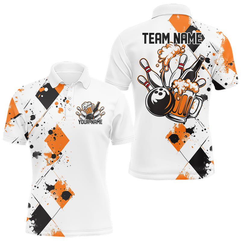 Orange Argyle Pattern Custom Funny Bowling And Beer Team Polo Shirts For Men IPHW8890