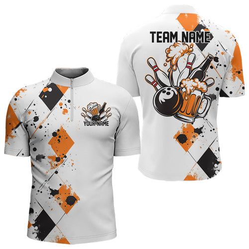 Orange Argyle Pattern Custom Funny Bowling And Beer Team Quarter-Zip Shirts For Men IPHW8890