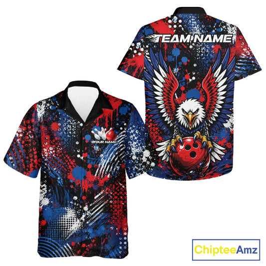 Front and back views of a custom patriotic eagle bowling button up shirt with red, white, and blue paint splatter graphics.