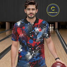 Load image into Gallery viewer, A man wearing a colorful custom patriotic splatter bowling polo shirt holding a bowling ball in a bowling alley.