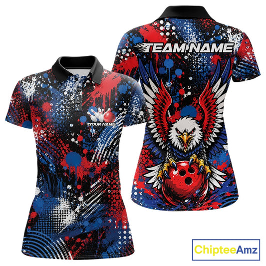 Custom red, white, and blue patriotic eagle women's bowling polo shirt with paint splatter graphics showing front and back views
