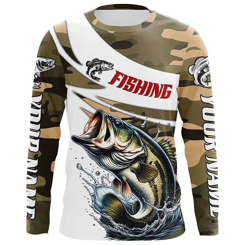 Custom Bass Long Sleeve Fishing Shirts, Personalized Bass Fishing Jerseys Camouflage IPHW6796