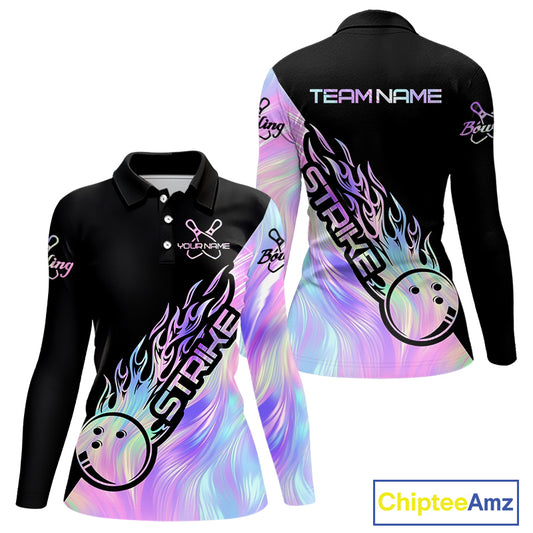 Strike Bowling Women Long Sleeve Polo Shirt, Custom Hologram Bowling Team Shirt Bowler Outfit IPHW5242