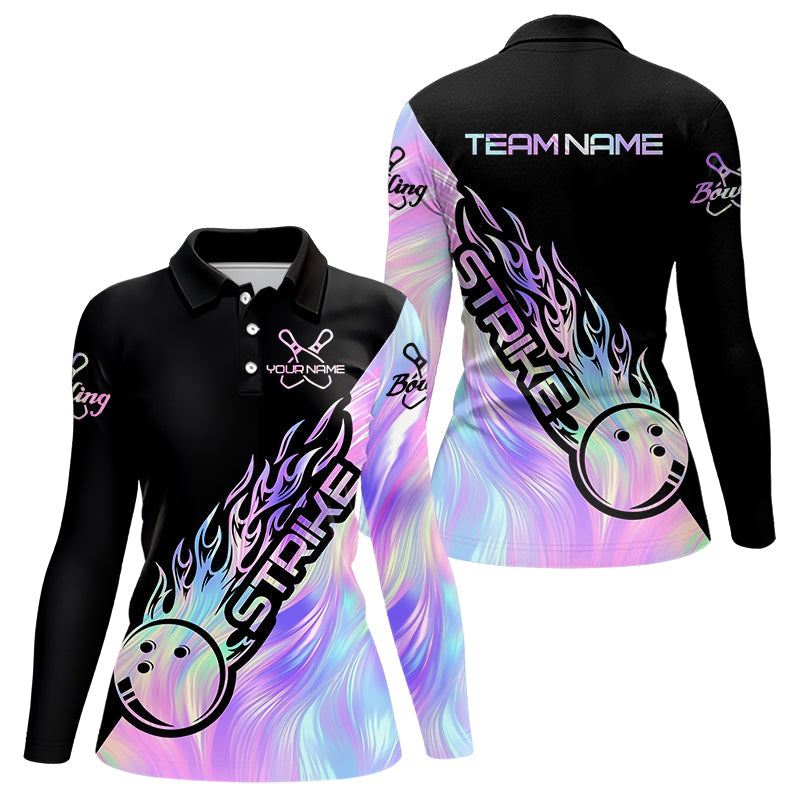 Strike Bowling Women Long Sleeve Polo Shirt, Custom Hologram Bowling Team Shirt Bowler Outfit IPHW5242
