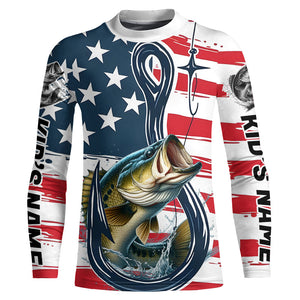 Us Flag Fish Hook Custom Patriotic Largemouth Bass Long Sleeve Fishing Shirts, Bass Fishing Jerseys IPHW7955