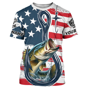 Us Flag Fish Hook Custom Patriotic Largemouth Bass Long Sleeve Fishing Shirts, Bass Fishing Jerseys IPHW7955