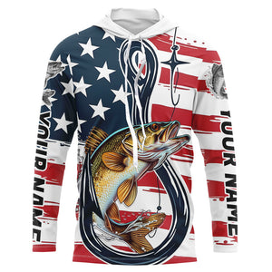 Us Flag Fish Hook Custom Patriotic Walleye Long Sleeve Fishing Shirts, Walleye Fishing Jerseys IPHW7957