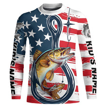 Load image into Gallery viewer, Us Flag Fish Hook Custom Patriotic Walleye Long Sleeve Fishing Shirts, Walleye Fishing Jerseys IPHW7957