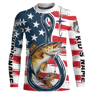 Us Flag Fish Hook Custom Patriotic Walleye Long Sleeve Fishing Shirts, Walleye Fishing Jerseys IPHW7957