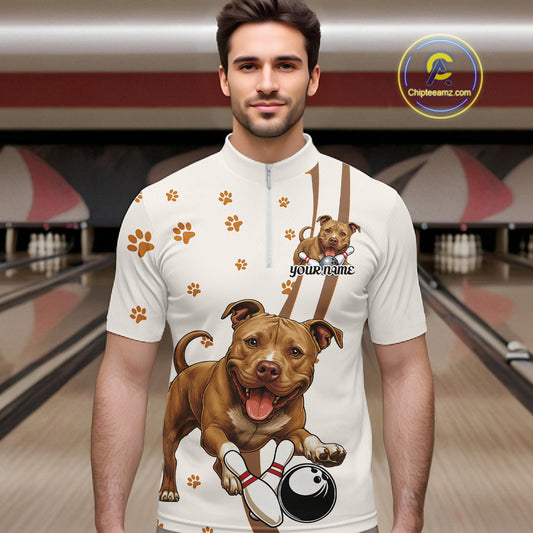 Custom Funny Brown Pitbull Dog Bowling Men Quarter-Zip Shirts, Dog Paw Print Bowler Outfit IPHW10248