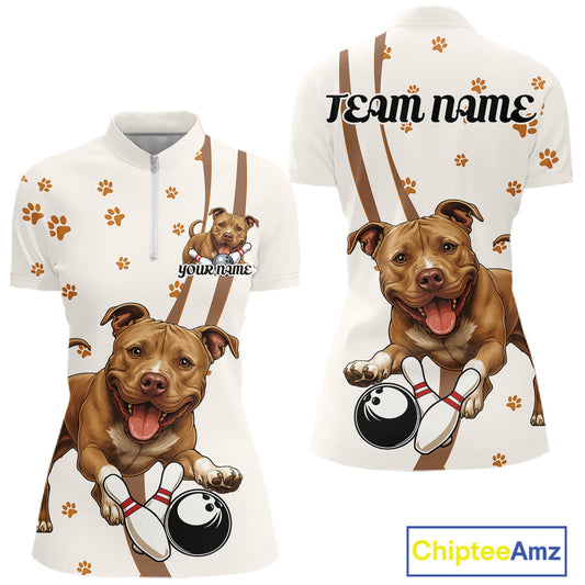 Custom Funny Brown Pitbull Dog Bowling Women Shirts, Dog Paw Print Bowler Outfit IPHW10248