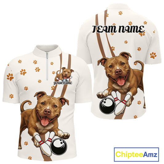Custom Funny Brown Pitbull Dog Bowling Men Quarter-Zip Shirts, Dog Paw Print Bowler Outfit IPHW10248
