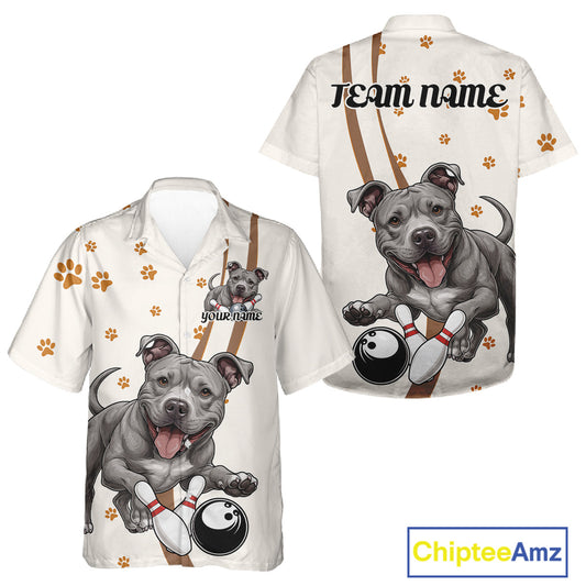 Custom Funny Pitbull Dog Bowling Men And Women Hawaiian Shirts, Dog Paw Print Bowler Outfit IPHW10249