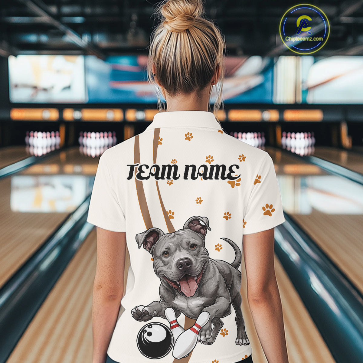 Custom Funny Pitbull Dog Bowling Women Polo Shirts, Dog Paw Print Bowler Outfit IPHW10249
