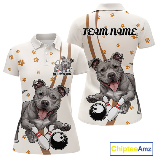 Custom Funny Pitbull Dog Bowling Women Polo Shirts, Dog Paw Print Bowler Outfit IPHW10249