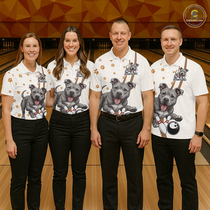 Custom Funny Pitbull Dog Bowling Men Polo Shirts, Dog Paw Print Bowler Outfit IPHW10249