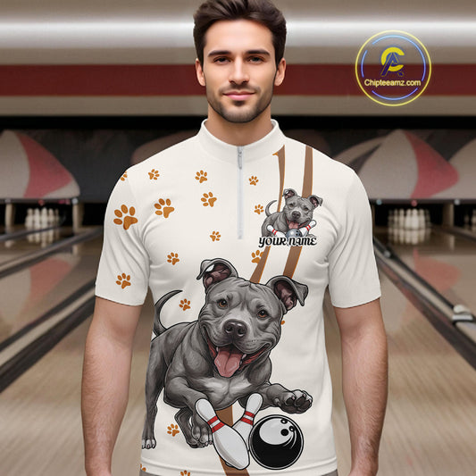 Custom Funny Pitbull Dog Bowling Men Quarter-Zip Shirts, Dog Paw Print Bowler Outfit IPHW10249