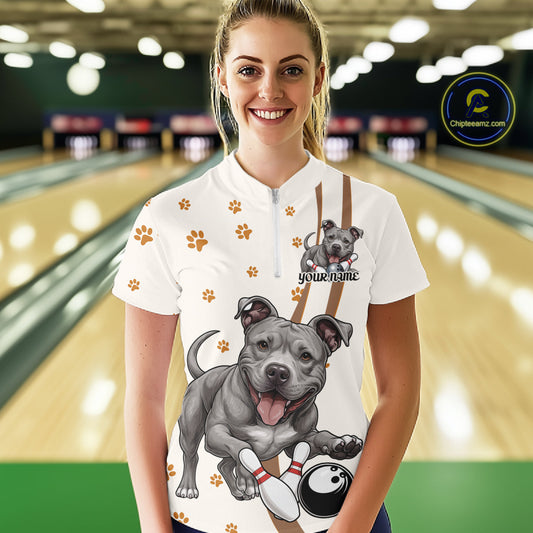 Custom Funny Pitbull Dog Bowling Women Quarter-Zip Shirts, Dog Paw Print Bowler Outfit IPHW10249