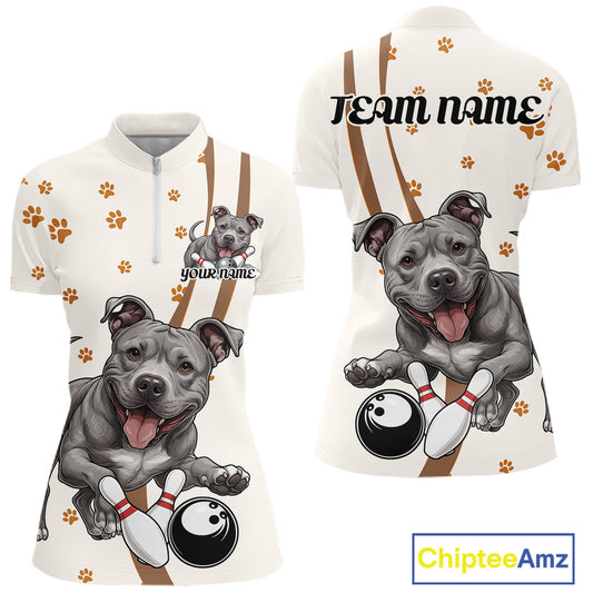 Custom Funny Pitbull Dog Bowling Women Quarter-Zip Shirts, Dog Paw Print Bowler Outfit IPHW10249