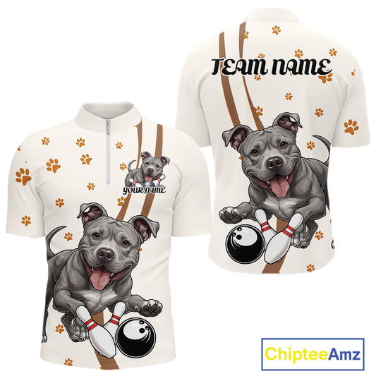 Custom Funny Pitbull Dog Bowling Men Quarter-Zip Shirts, Dog Paw Print Bowler Outfit IPHW10249