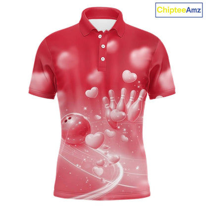 Custom Red Valentine Bowling Couple Shirts, Red Heart Theme Bowling Jerseys With His Name And Her Name IPHW10469