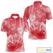 Load image into Gallery viewer, Custom Red Valentine Bowling Couple Shirts, Red Heart Theme Bowling Jerseys With His Name And Her Name IPHW10471