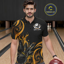 Load image into Gallery viewer, Custom Black And Yellow Tribal Flame Bowling Men Shirt, Bowling League Shirt Team Jerseys IPHW10739