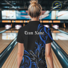 Load image into Gallery viewer, Custom Black And Blue Tribal Flame Bowling Women Shirt, Bowling League Shirt Team Jerseys IPHW10740
