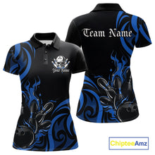 Load image into Gallery viewer, Custom Black And Blue Tribal Flame Bowling Women Shirt, Bowling League Shirt Team Jerseys IPHW10740